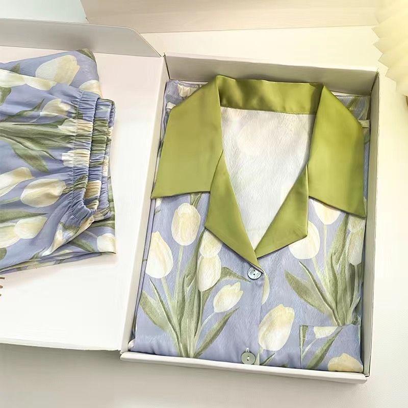 2025 Spring/Autumn Women's Ice Silk Sweet Pajama Set - Long-sleeve, Thin, High-end, Cute, Two-piece Homewear