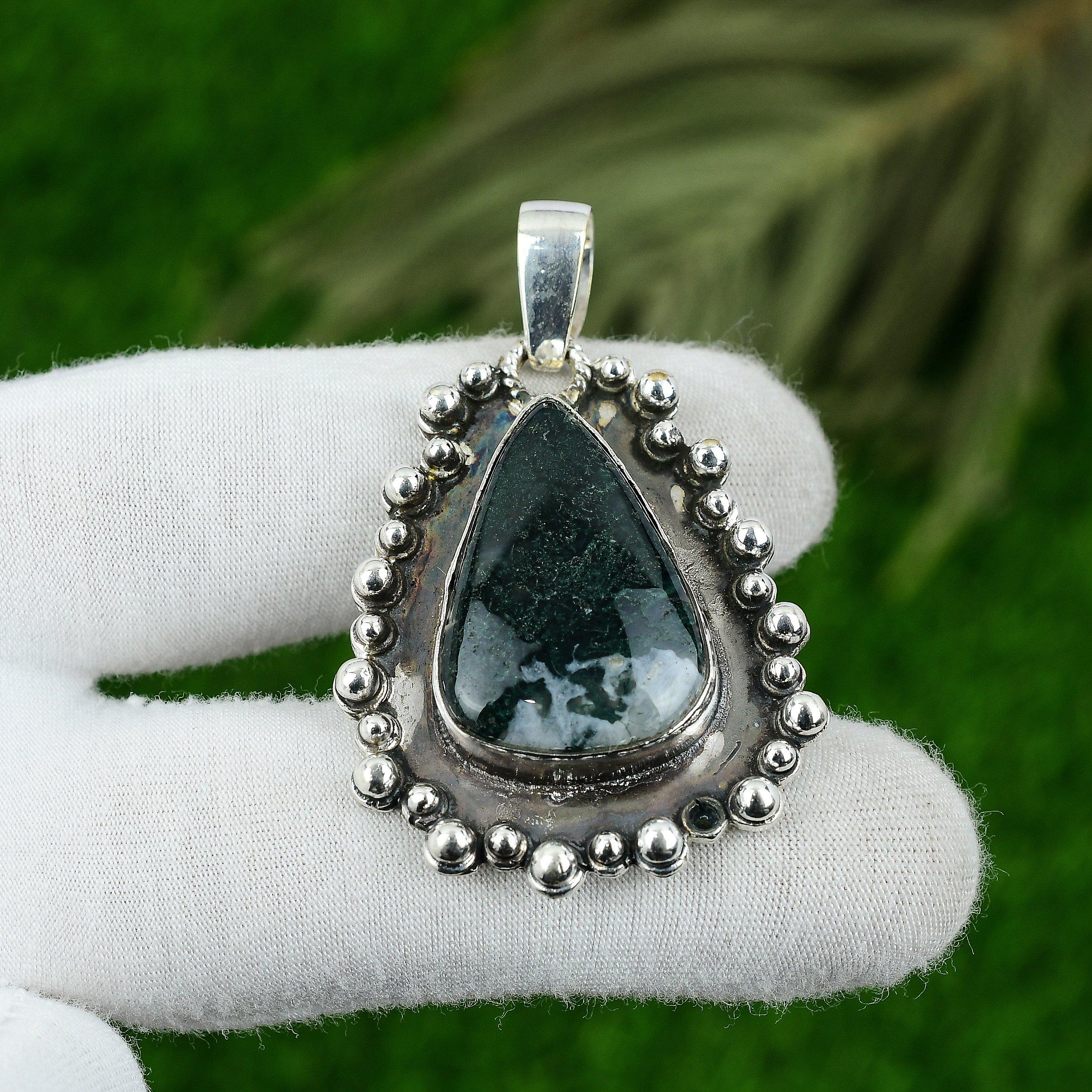 

Груша Солнечный Моховой Агат Драгоценный Камень 925 Стерлинговое Серебро Юбилей День Рождения Подвеска