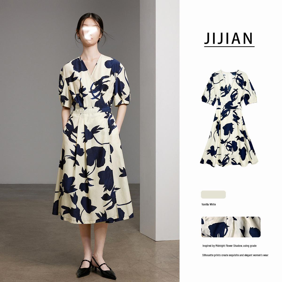 

Elegant Floral Print Silk Cotton Midi Dress with Waist-Defining Boning Small