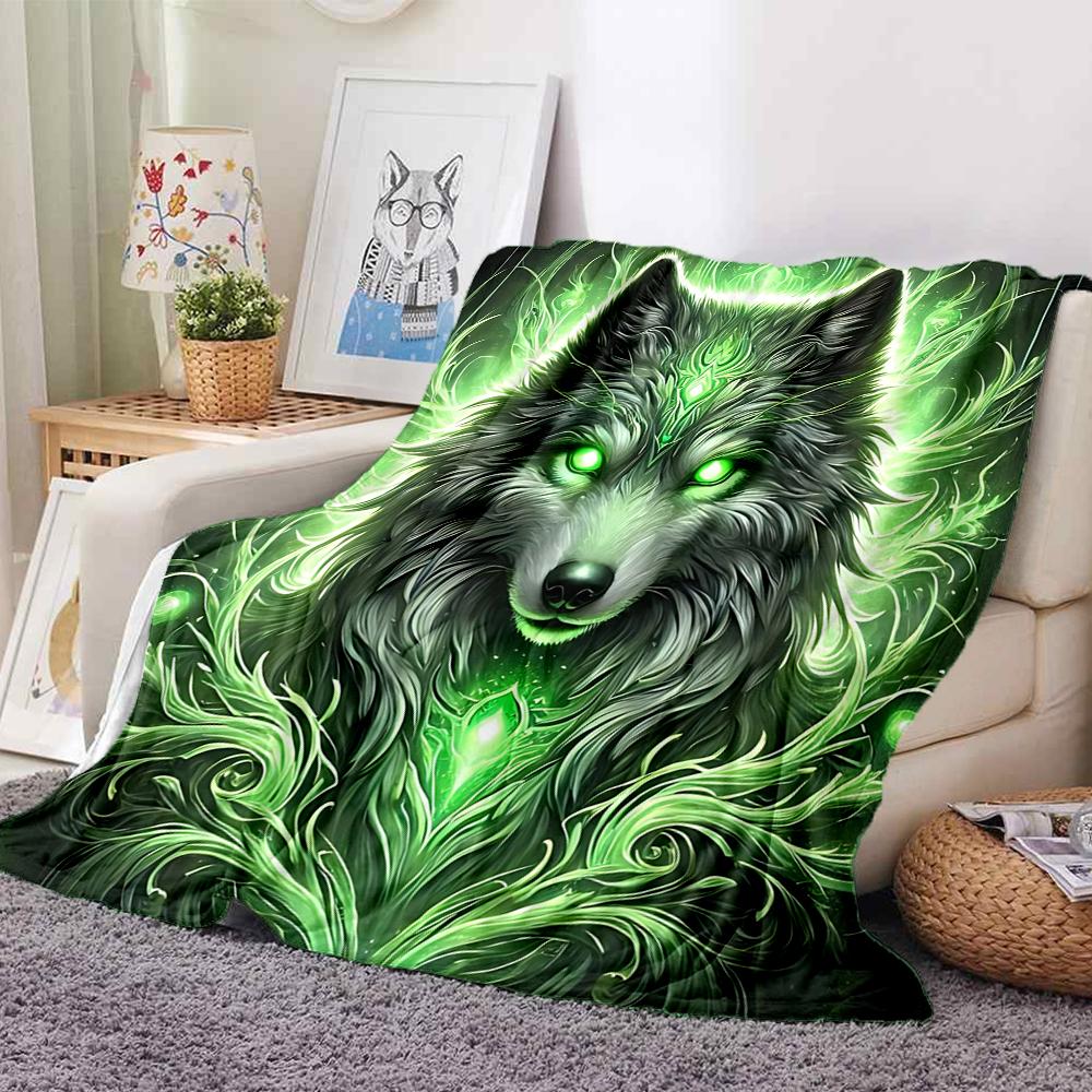 1Pc Green Wolf Spirit Flannel Blanket, Soft And Comfortable, Casual Warm, Camping Travel, Christmas, Halloween Xmas Gift. G1218