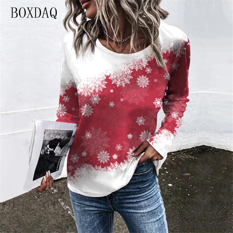 Snowflakes Pattern Women T-Shirts Autumn Winter Long Sleeve Christmas Style Streetwear Ladies Tees 6XL Plus Size Casual Tops