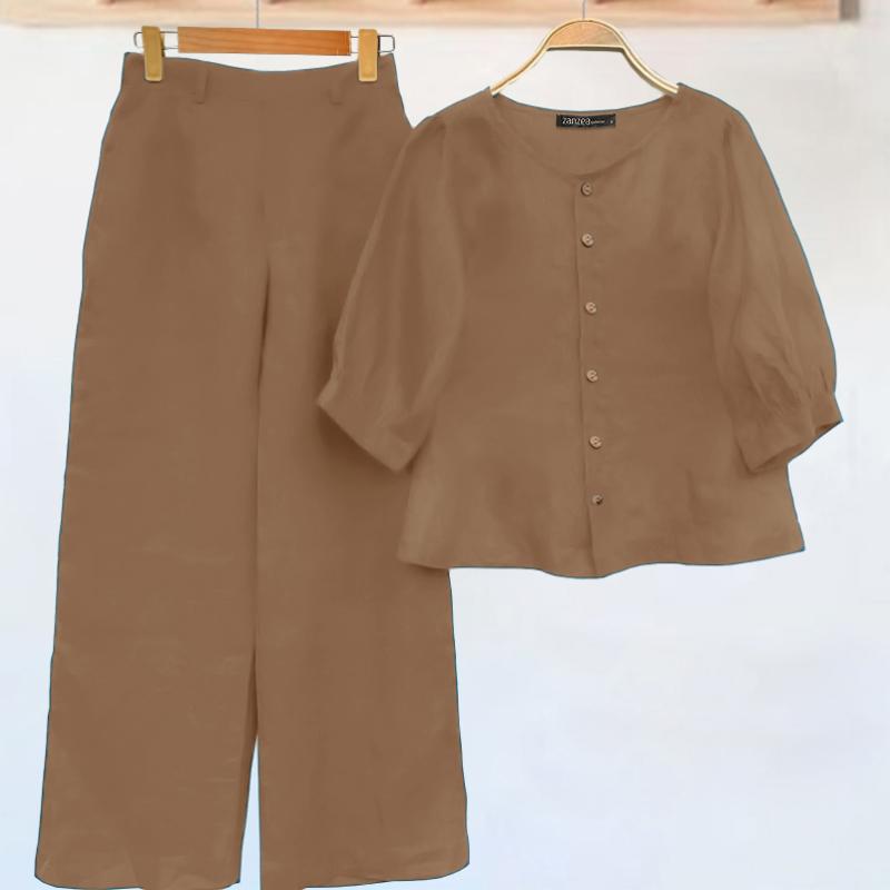 

ZANZEA Женская блузка с рукавом 3/4 и брюки повседневные комплекты из двух предметов 4XL хаки