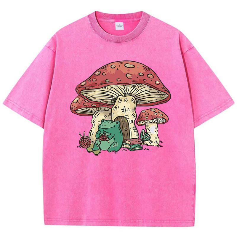 Cute Frog Kinting Mushroom Prints Women Washed T-Shirt Casual Cotton T Shirts Soft Loose Clothes Vintage Summer Short Sleeves