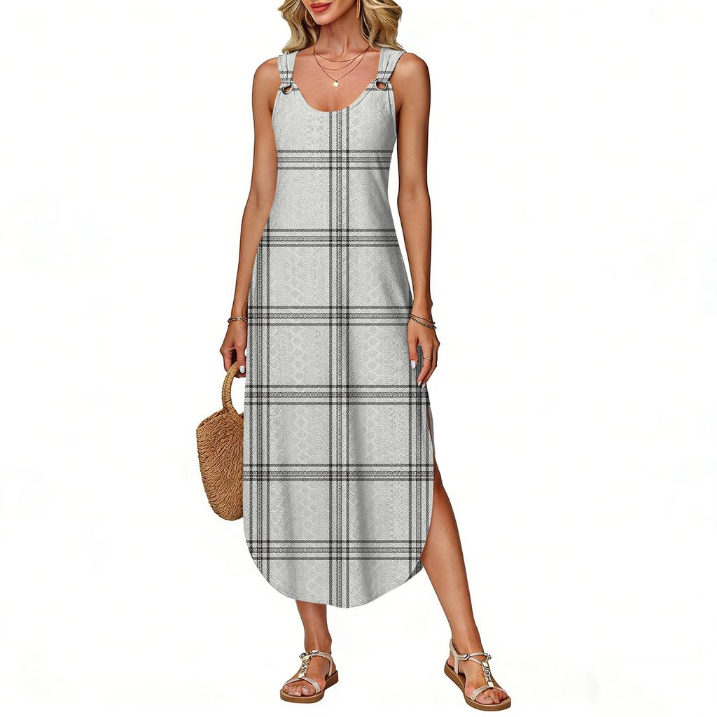 Women's Summer Long Dress, Sleeveless with Side Slits, Long Plaid Printed Vest Dress