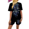 European and American Women's Clothing Round Neck Pullover Striped Color Matching Printed Casual Shorts Two-piece Set Summer New