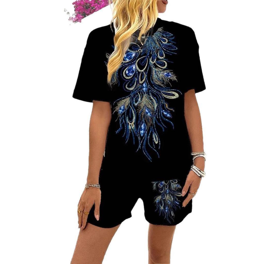 European and American Women's Clothing Round Neck Pullover Striped Color Matching Printed Casual Shorts Two-piece Set Summer New