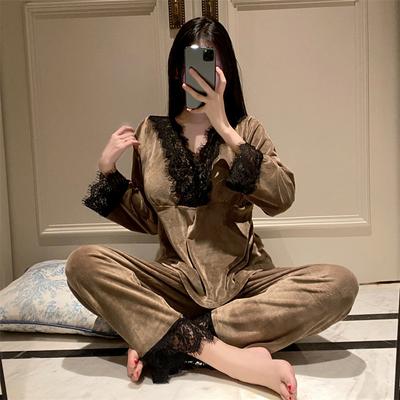 Golden Velvet Autumn Sleeping Sleepwear Winter Pajamas Pyjama Nightie Women's Pajamas Set Lingerie for Ladies Nightwear
