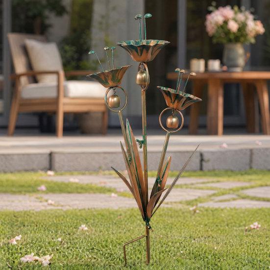 Flamed Copper Three Calla Lilies Garden Stake with Bells, Metal Flower Yard Art Decor, Outdoor Wind Bell Stake for Lawns,