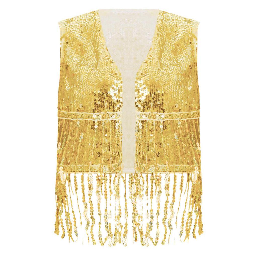 Damen Pailletten Cowgirl Weste Top Offene Vorderseite Ärmellos Quasten Cardigan Weste Glänzend 70er Jahre Disco Kostüm