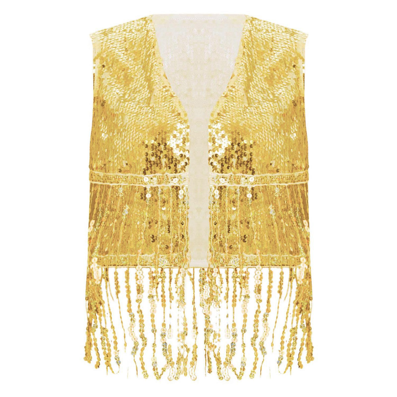 

Жіночий диско-жилет 70-х років, жилет з паєтками та китицями, топ без рукавів з відкритим передом S золотий