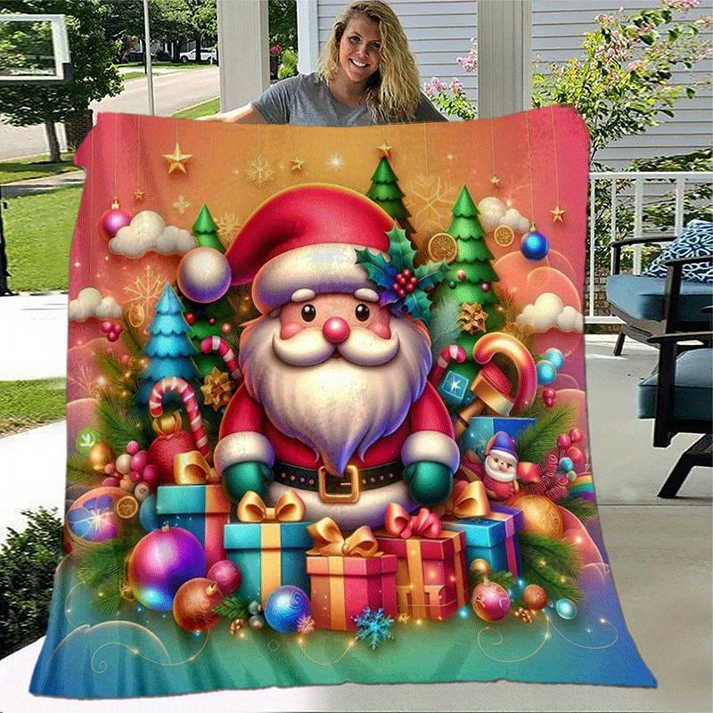 1pc Santa Claus Printing Lightweight Flannel Blanket, Comfortable and Warm Blanket, for Camping Sofa Bed and Couch Office, Gift Blankets In All
