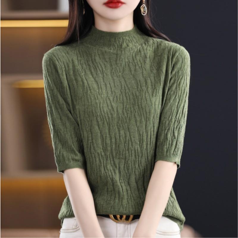 Women's Summer Half-High Neck Knit Top Solid Color Slim-Fit Elegant Blouse