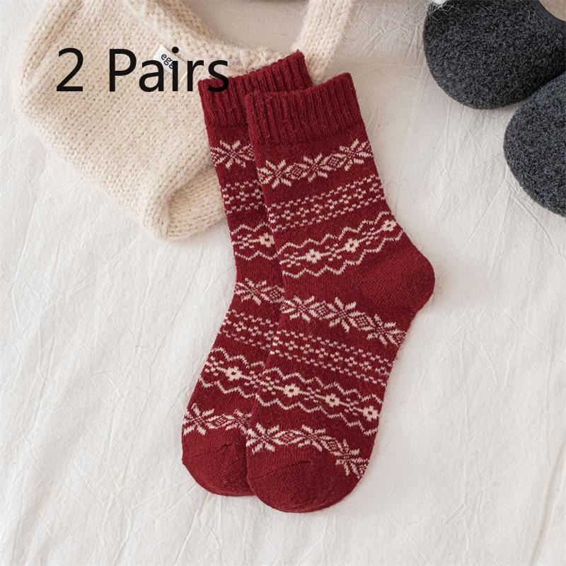 2 Pairs of Autumn-winter Retro Fair Isle Snowflake Wool Socks - Children's Mid-calf Socks, Thick and Warm, Versatile and Suitable for All Occasions.