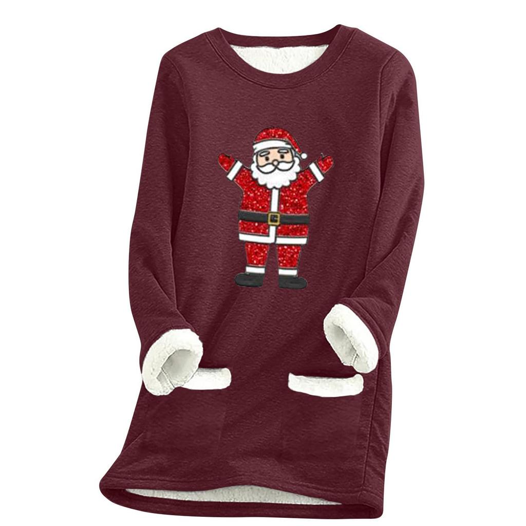 Ladies' Loose And Comfortable Round Neck Christmas Print Thick With Pockets Long Sleeved Top