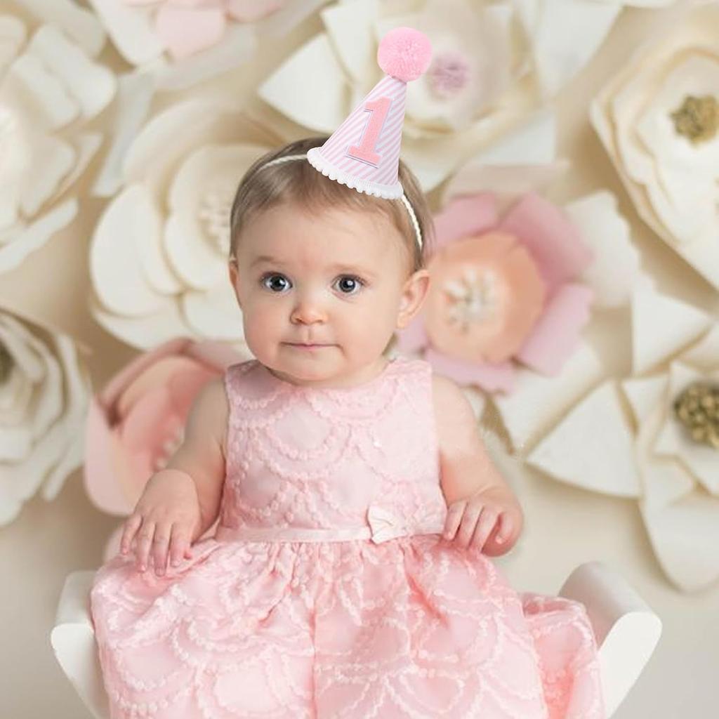 Pink & White First Birthday Party Hat - Girl's 1st Birthday Crown with Photo Props for Decorations and Dressing