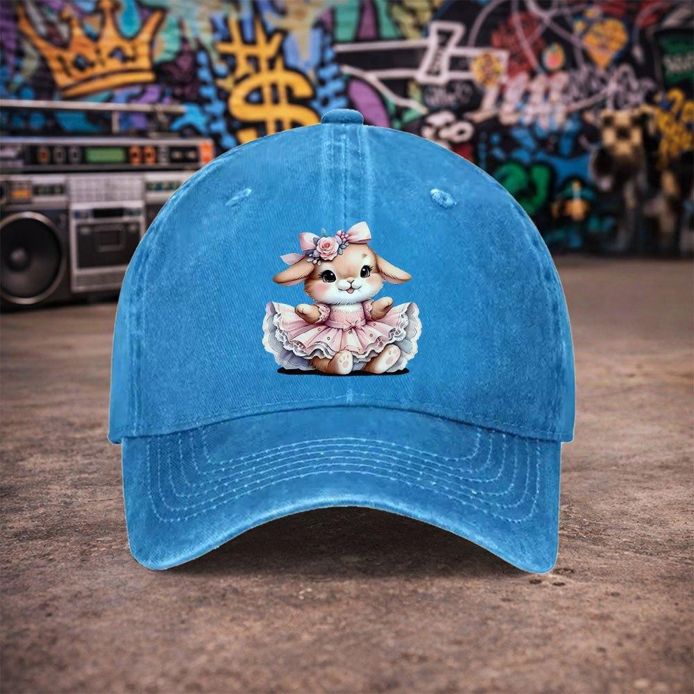 pc Unisex Cute Pink Floral Bunny Vintage Washed Baseball Cap Unisexs Trendy Hat Versatile Duckbill Cap Fun Print A Unique