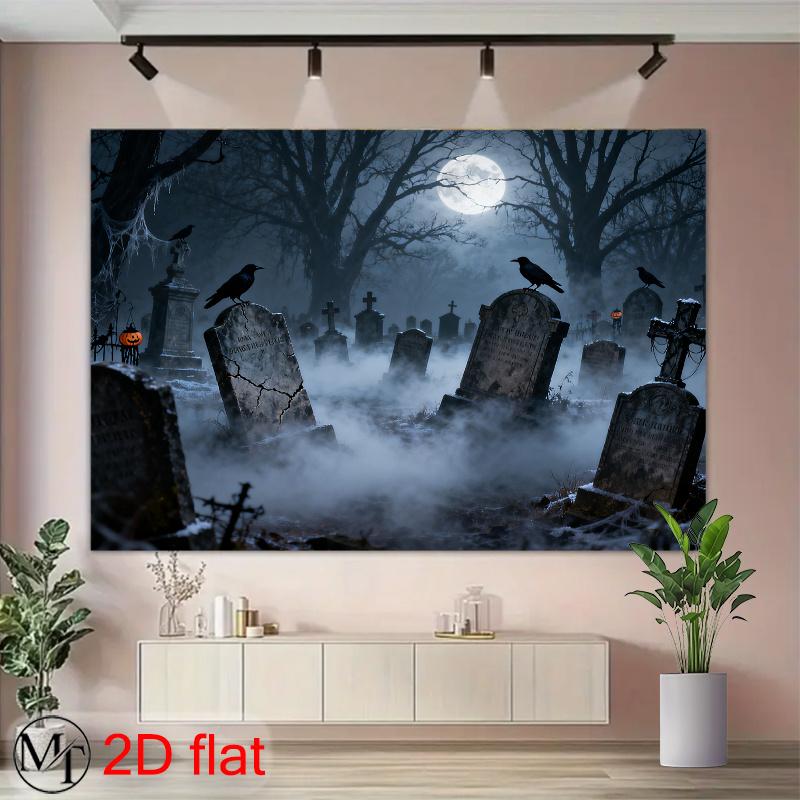 2D flat banners In the cemetery at night numerous tombstones stand in rows and there is a full moon in the sky.PMJ