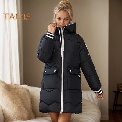 Winter Down Coat Thickened Padded Plush Hood Big Pockets Mid Length Windproof Long Sleeves Heat Retention Warm Daily Outwear Cotton Jacket