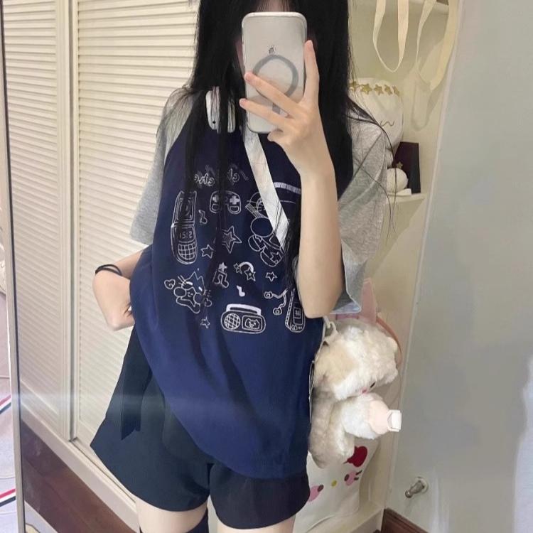 

Летняя женская футболка из чистого хлопка с милым рисунком и принтом в стиле Харадзюку с круглым вырезом, свободного покроя, для молодых девушек, футболки больших размеров, уличная одежда 2XL