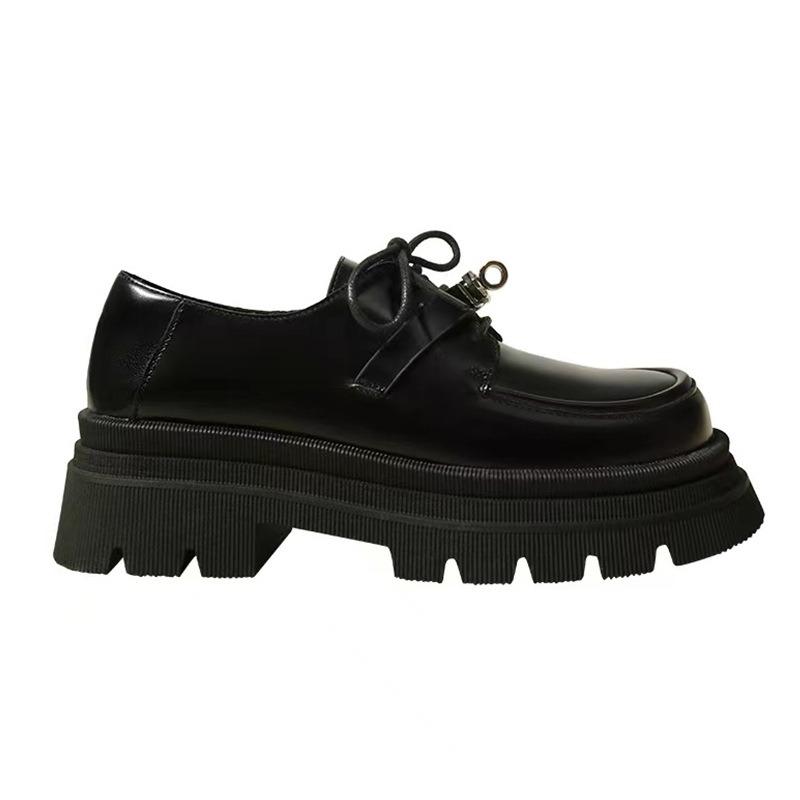 Coarse heel metal buckle single shoes women's new platform Mary Jane lace-up leather shoes