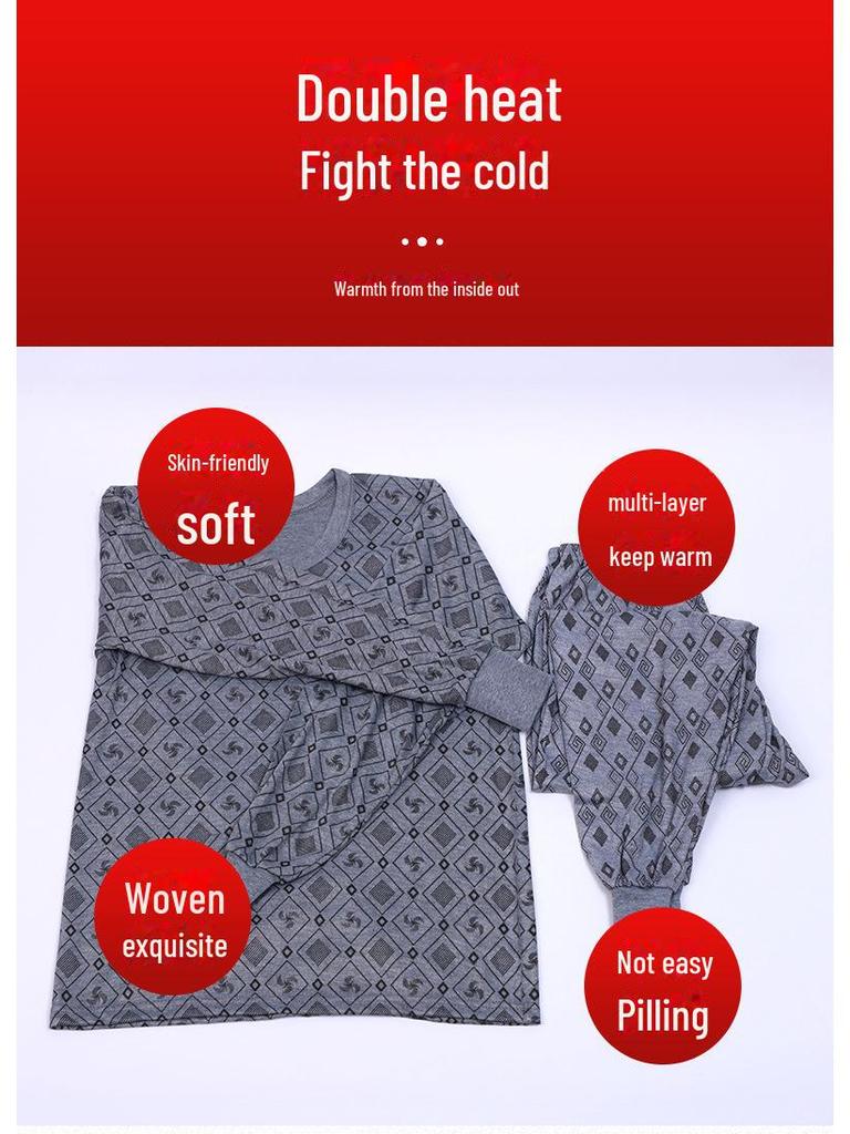 Men's Large Size Autumn Print Thermal Suit for Middle-Aged and Elderly: Loose Fit Outfit with Top and Bottom