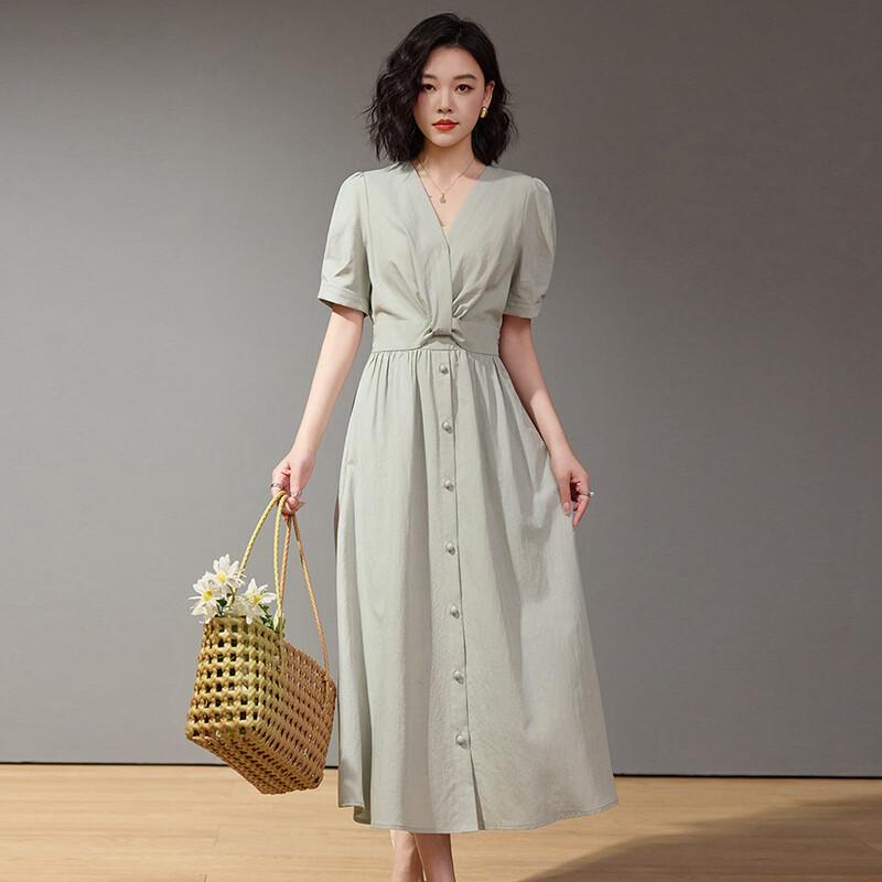 Elegant French V-Neck Puff Sleeve A-Line Midi Dress