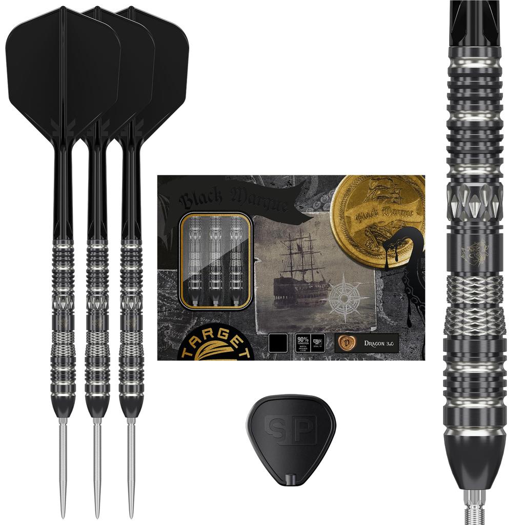 Target Japan BLACK MARQUE DRAGON 3.0 Leslie Lee 90% Tungsten Steel Tip Darts Set, 25g, K-Flex No. 6 Shape Flights and Shafts, SWISS SILVER N