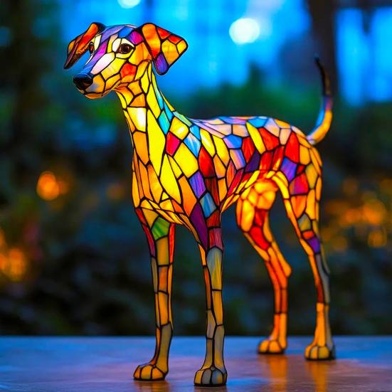 Dog Table Lamp Stained Glass Style Resin Greyhound Night Light 3D Animal-Themed LED Bedside Lamp for Kids' Room Bedroom Decor Dog Lovers Gift