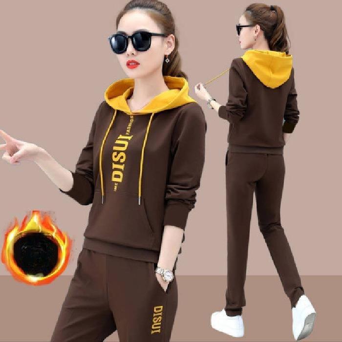 Autumn and Winter Sports Suit Women's Thickened Velvet Hooded Sportswear Casual Loose Running Two-piece Set