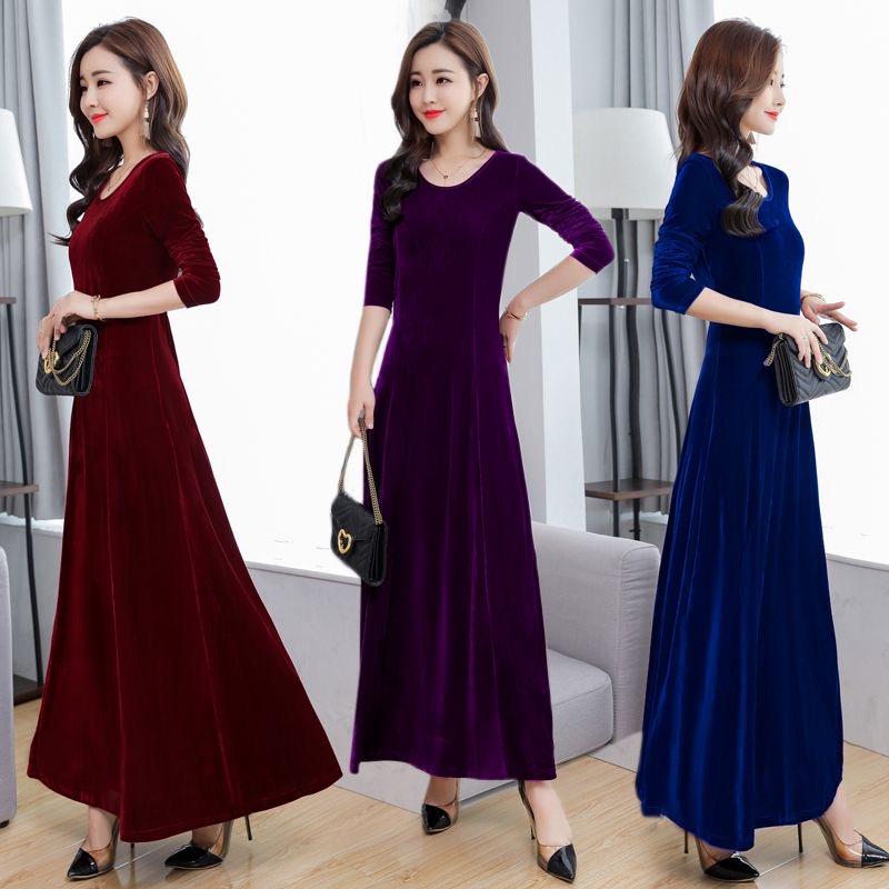Plus Size Gold Velvet Long-Sleeve Dress - Spring/Autumn Style