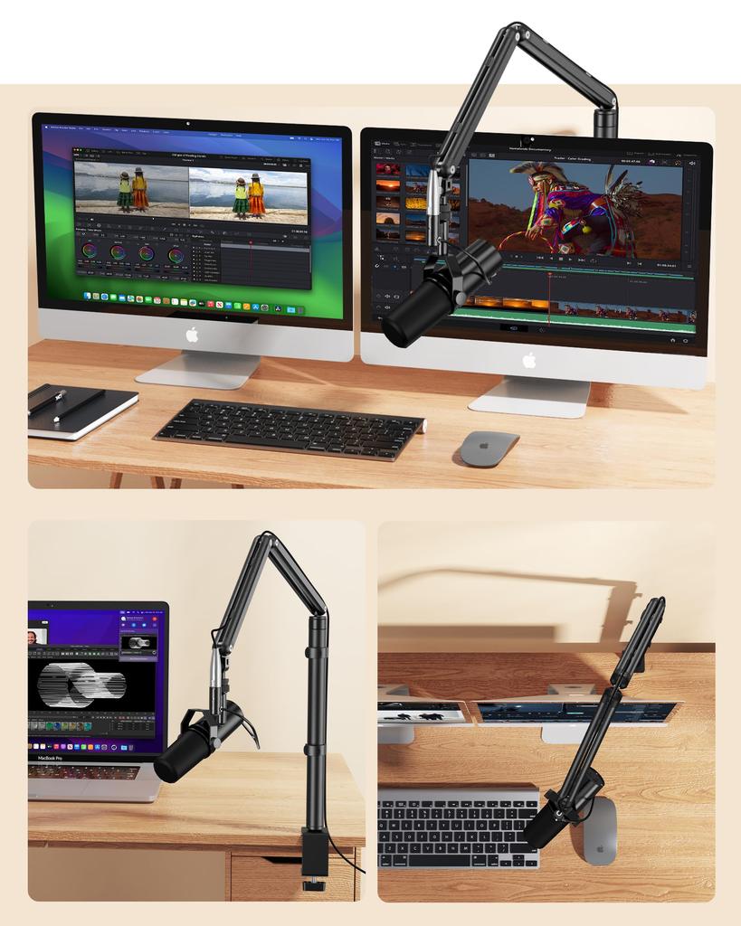 KUUVAN Microphone StandBoom Arm, 1.8kg Weight Capacity, Aluminum, for Condenser Microphones, Adjustable Angle, Foldable, Cable Management, Includes