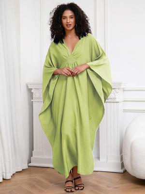 Green Robe Dress Women's Kaftan Relaxed Summer wear Swimsuit cover-up House robe Beach Wear Fresh dress Q1306