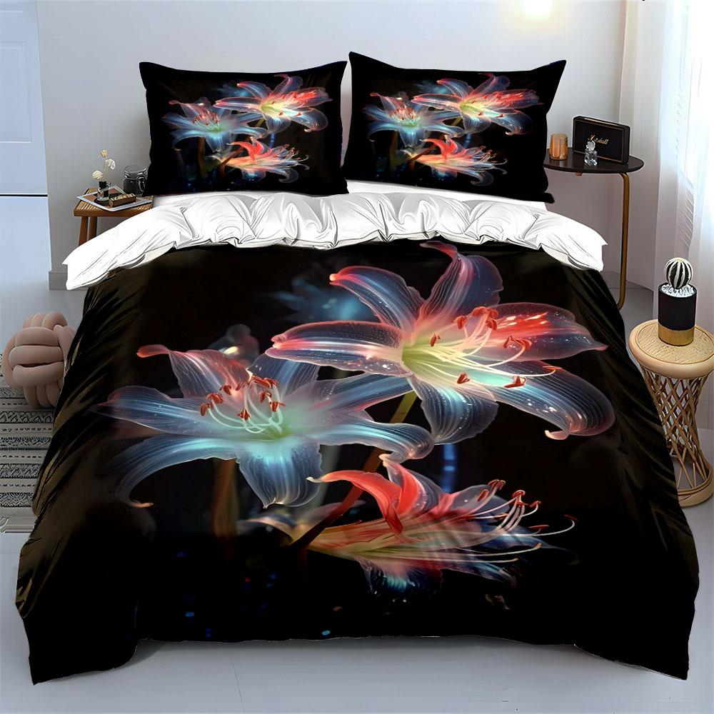 Glowing lilies on black. Bedding sets Duvet cover sets Duvet covers Pillowcases(1*Duvet Cover 2*Pillowcases without duvet insert)
