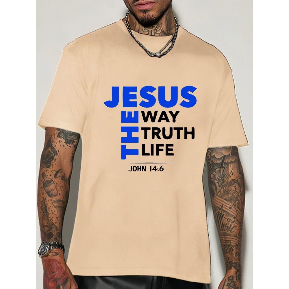 Summer Unisex Short Sleeve Crew Neck T Shirt Jesus The Way Truth Life Bible Text Religious Belief Theme Casual Cotton Streetwear