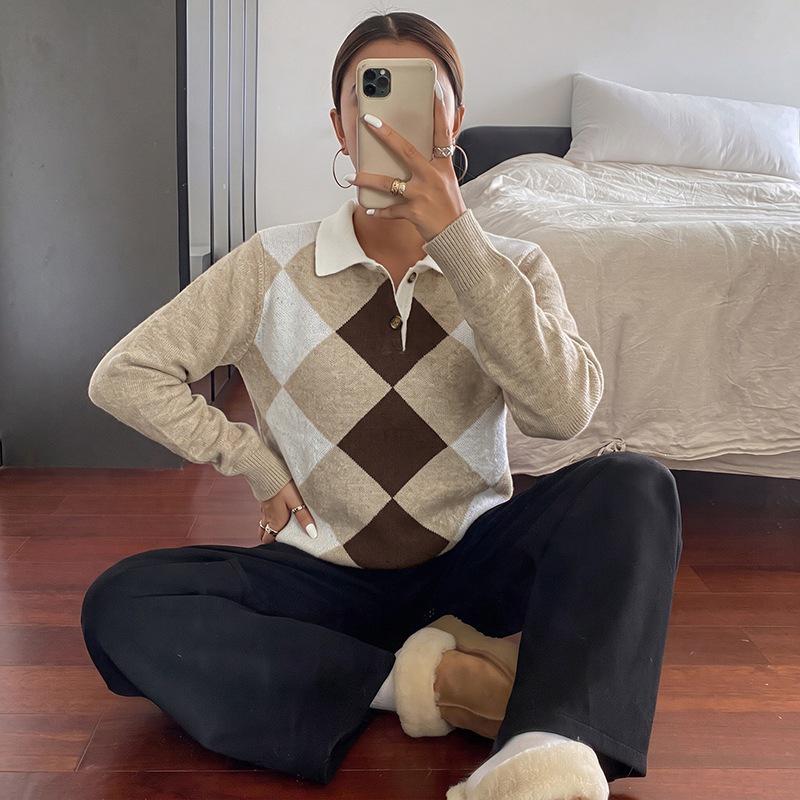 European & American Autumn Neutral Style Casual Diamond Jacquard Lapel Sweater for Women
