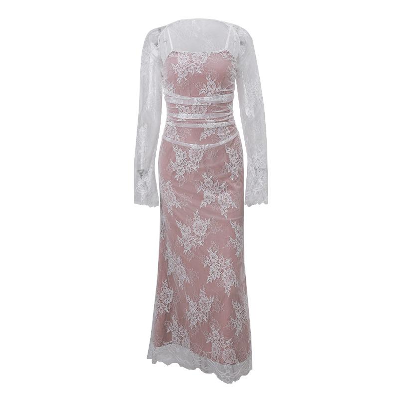 GMXIA Women's Autumn Sexy Temperament Vest Long Sleeve Suspenders Lace Lace Dress