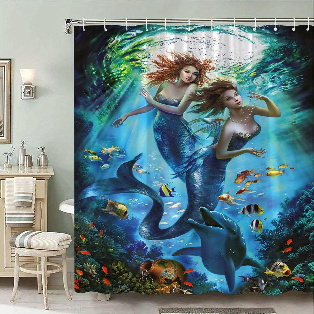1pc Mermaid Underwater Curtain, Tranquil Ocean Scene, Colorful Fish & Sea Creatures, Polyester, 12 Hooks, Whimsical Bath Decor W90xH180cm