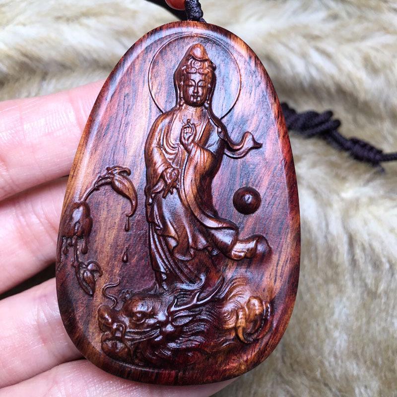Wild Hainan Huanghuali Wood Carved Dragon Riding Guanyin Bodhisattva Pendant