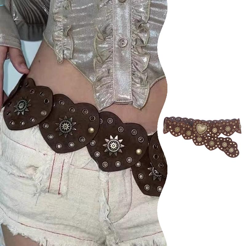 High Quality Heart Pu Belt Retro Large Heart Buckle Belt Women'S Belt Western Denim Wide Rivets Steampunk Decorative Belt