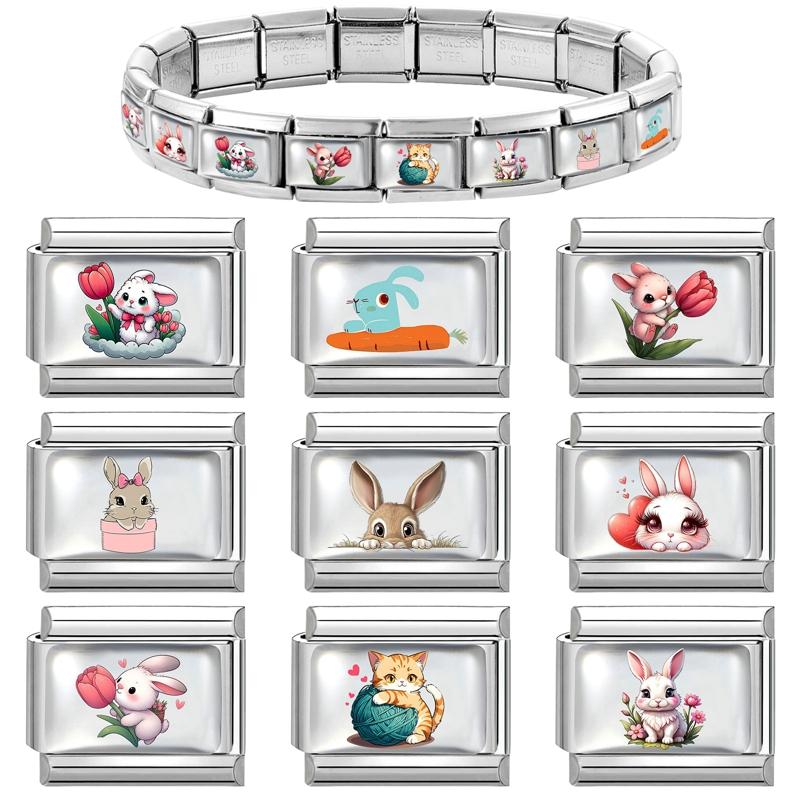 1PC Creative Personalized Tulip Lovely Cats Rabbit Star Heart Italian Charm Fit 9MM Stainless Steel Bracelet DIY Making Gift