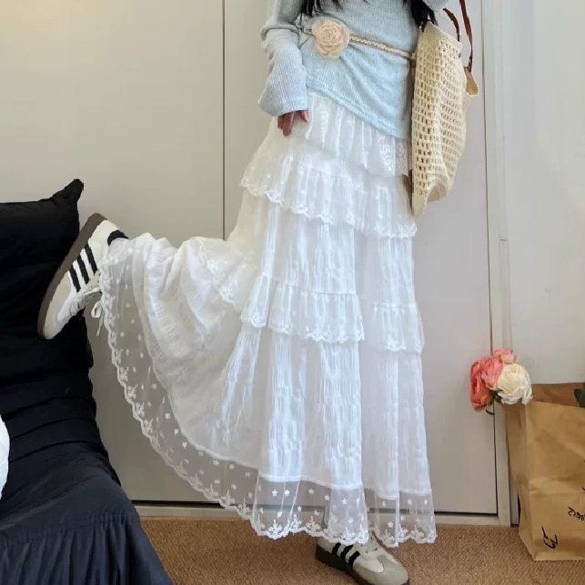 White Lace High-Waist Slimming Long Skirt for Women - Spring/Summer/Autumn