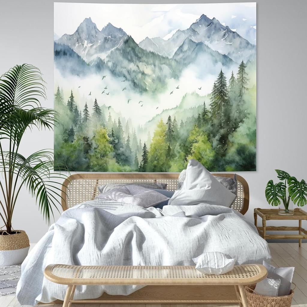 Atrippy Forest Nature Tapestry for Bedroom, Green Misty Foggy Mountain Sage Trees Wall Tapestry