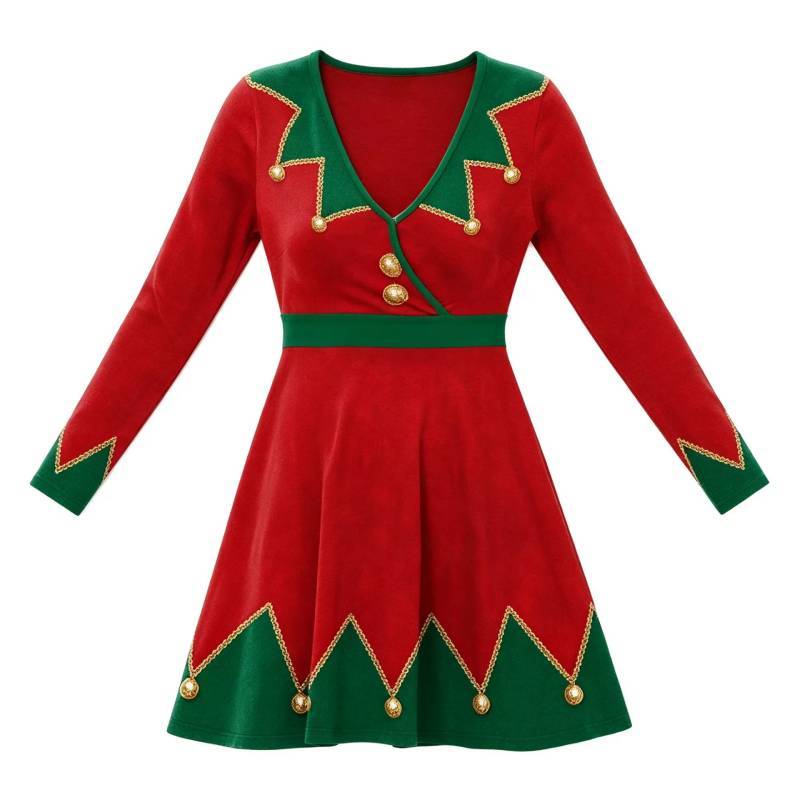 Christmas Elf Girl Costume Dress With Long Sleeves For Holiday Party Performances