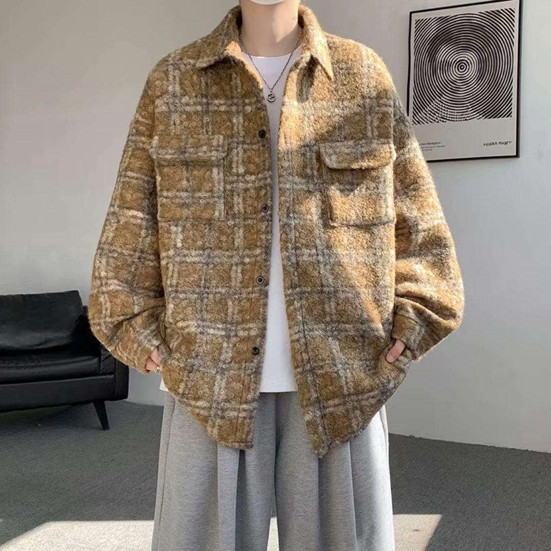 Мужская зимняя клетчатая шерстяная куртка с бархатной подкладкой - Американский модный стиль 2XL