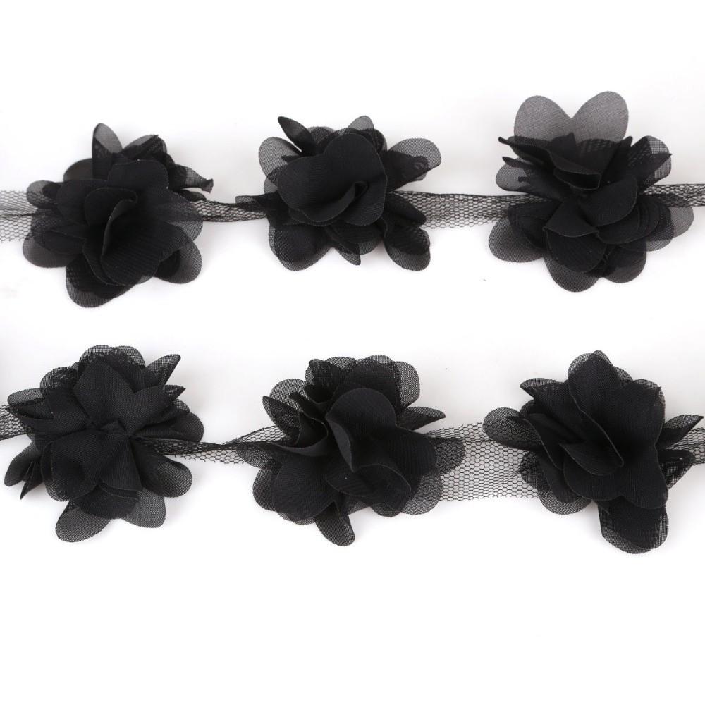 Fashion 5cm Wide Lace Flower Trim 24 Flowers 2Yards Chiffon Lace Trim 3D Chiffon Flowers Lace Ribbon DIY Sewing чёрный фото