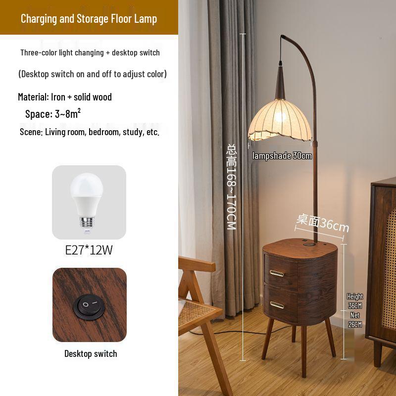 American Retro Style Floor Lamp with Drawer and Side Table for Living Rooms and Bedrooms