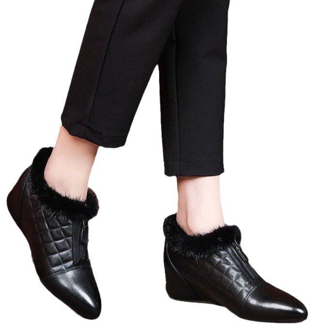 Thick-soled slope heel soft leather short boots women's autumn and winter new plush soft-soled fluffy boots tide