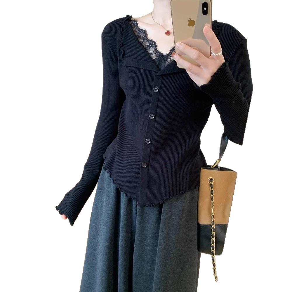 Women's High-End French Lace Knit Patchwork Top - Ruffled, Two-Piece Look, Ideal for Autumn/Winter