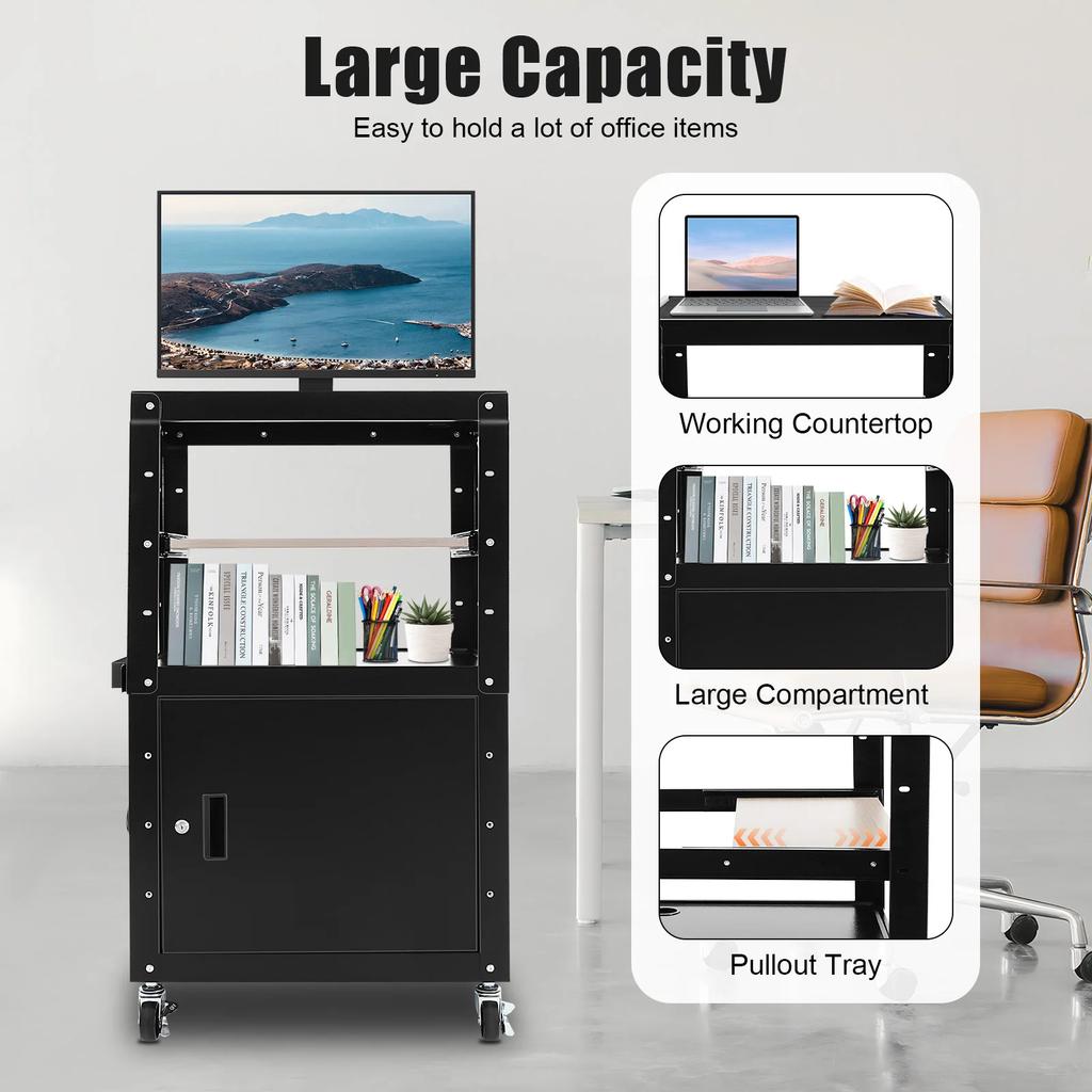 Steel AV Cart with Extra Storage,Rolling Projector Utility Cart with Locking Cabinet, Pullout Keyboard Tray and Cord Management