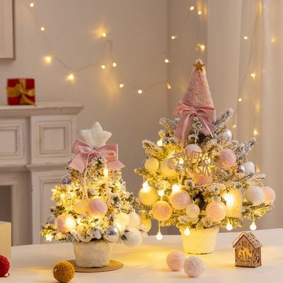 Mini Snow Flocked Christmas Tree Tabletop Artificial Christmas Tree with LED Lights Small Pine Tree with Balls And Bow for Desk Windowsill Decor